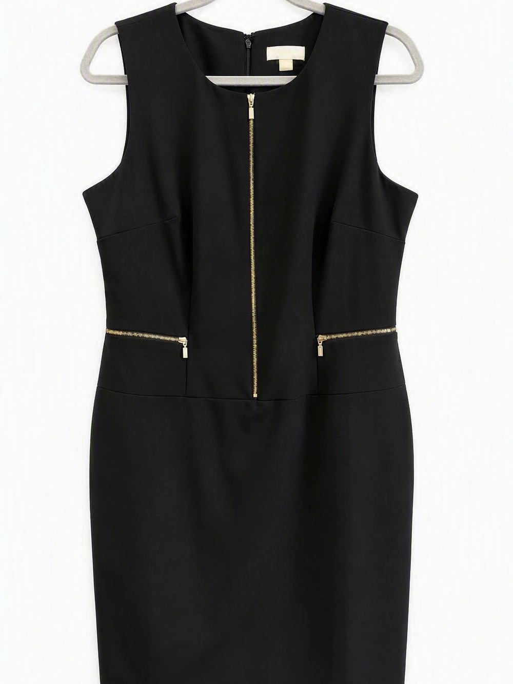 Calvin Klein Black Sleeveless Sheath Dress with Gold Zipper Accents